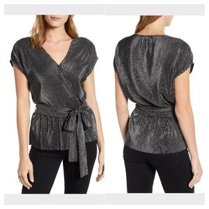 Gibson x Glam Squad Plisse Gray Faux Wrap Sash Tie Blouse - New With Tags NWT